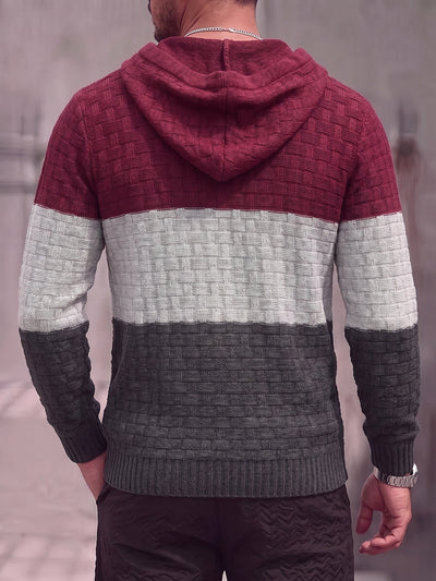 Men's Color Block Hooded Knit Sweater Textured Striped Pullover Hoodie ...