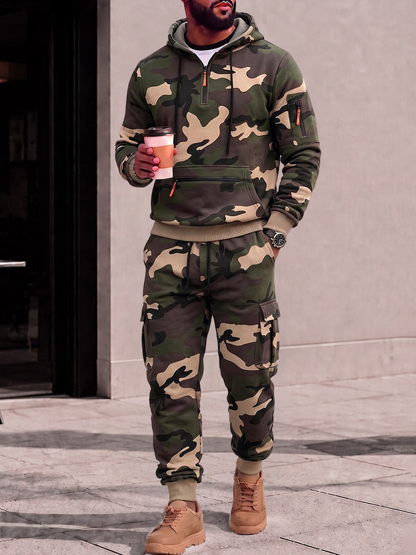 Camo Fleece Hooded Sweatsuit 2 Piece Cargo Jogger Set