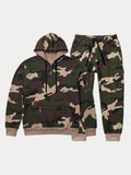 Camo Fleece Hooded Sweatsuit 2 Piece Cargo Jogger Set