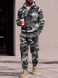 Camo Fleece Hooded Sweatsuit 2 Piece Cargo Jogger Set