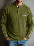 Contrast Stitched Waffle Knit Long Sleeve Henley Top