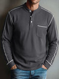 Contrast Stitched Waffle Knit Long Sleeve Henley Top