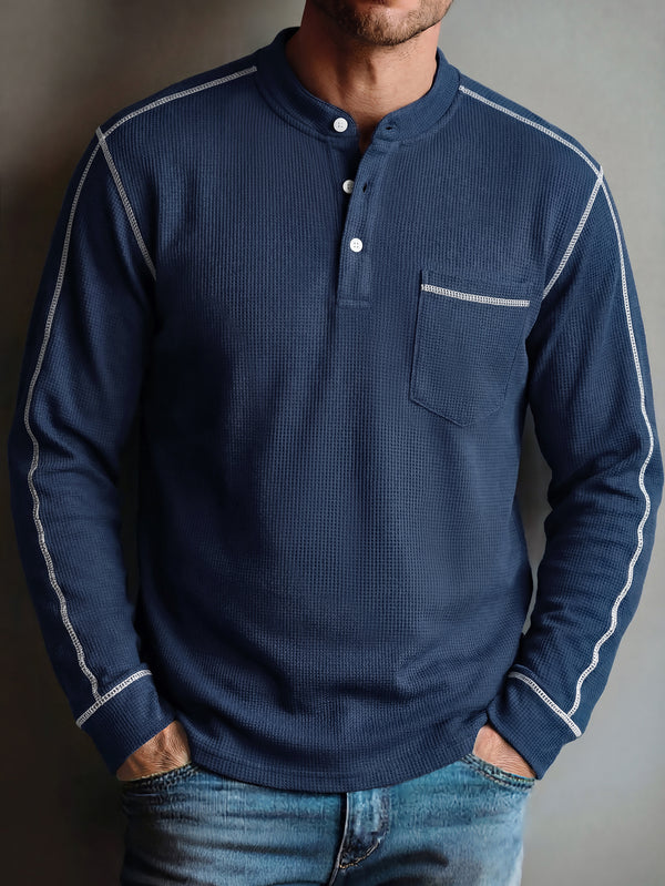 Contrast Stitched Waffle Knit Long Sleeve Henley Top