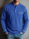 Contrast Stitched Waffle Knit Long Sleeve Henley Top