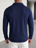 Waffle Knit Long Sleeve Polo Shirt Classic Collar Casual Pullover
