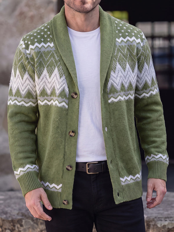 Fair Isle Chunky Knit Shawl Collar Button Down Cardigan Sweater