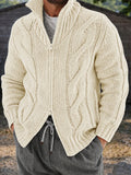 Cable Knit Full Zip Cardigan Sweater Stand Collar Chunky Jacket