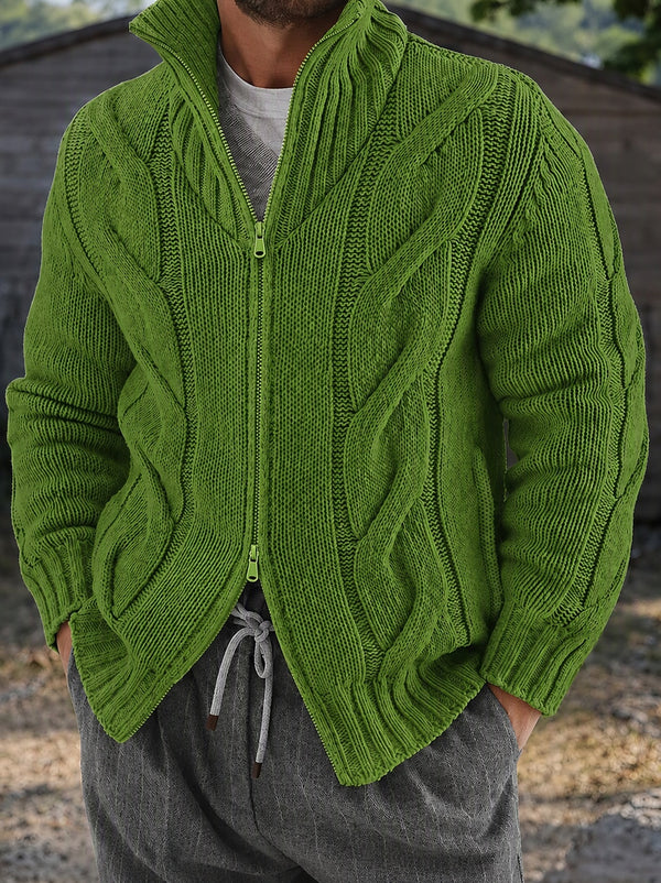 Cable Knit Full Zip Cardigan Sweater Stand Collar Chunky Jacket