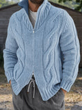 Cable Knit Full Zip Cardigan Sweater Stand Collar Chunky Jacket