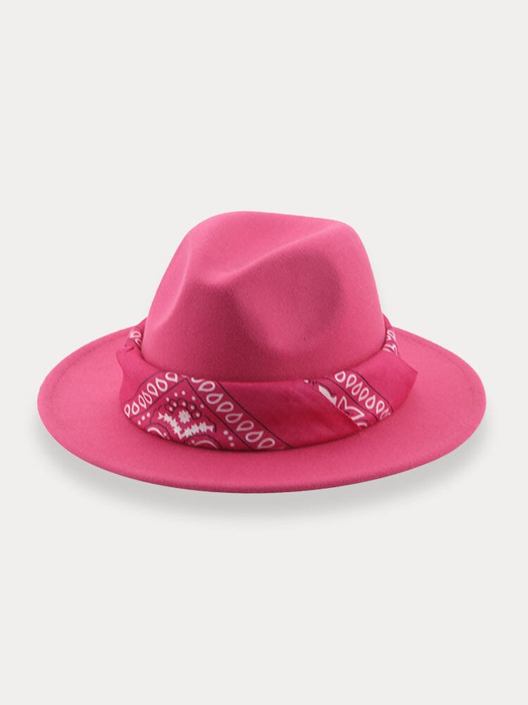 Flat Brim Fedora Hat with Kirchief Hat coofandy Rose Red F(56-58) 