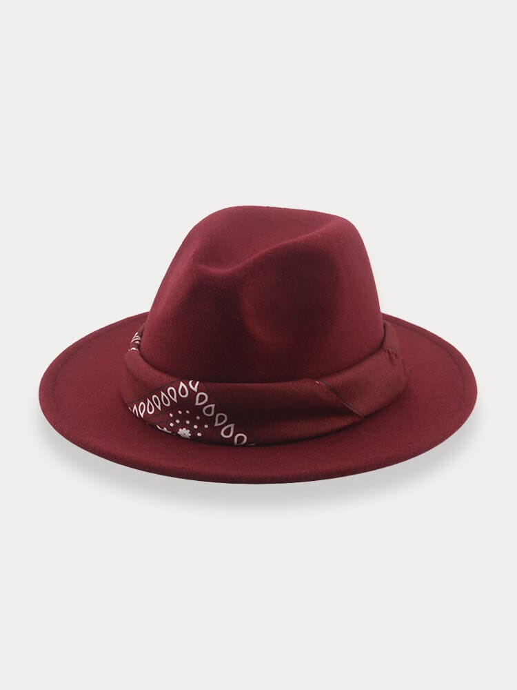 Flat Brim Fedora Hat with Kirchief Hat coofandy Wine Red F(56-58) 