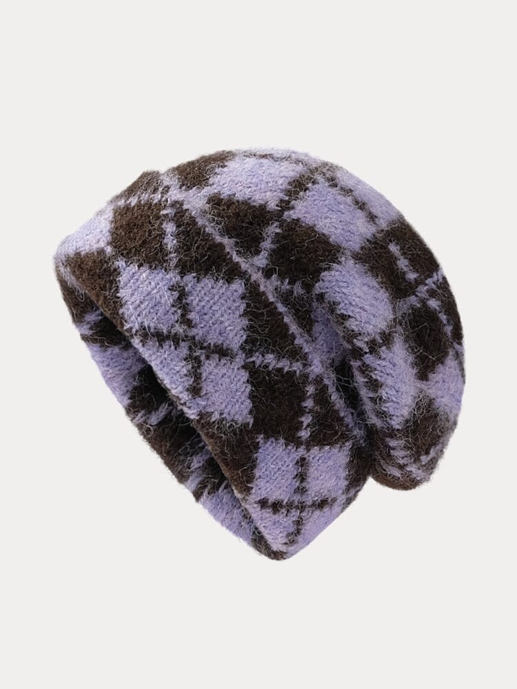 Comfy Checkered Knit Beanie Accessories coofandystore Purple One Size 