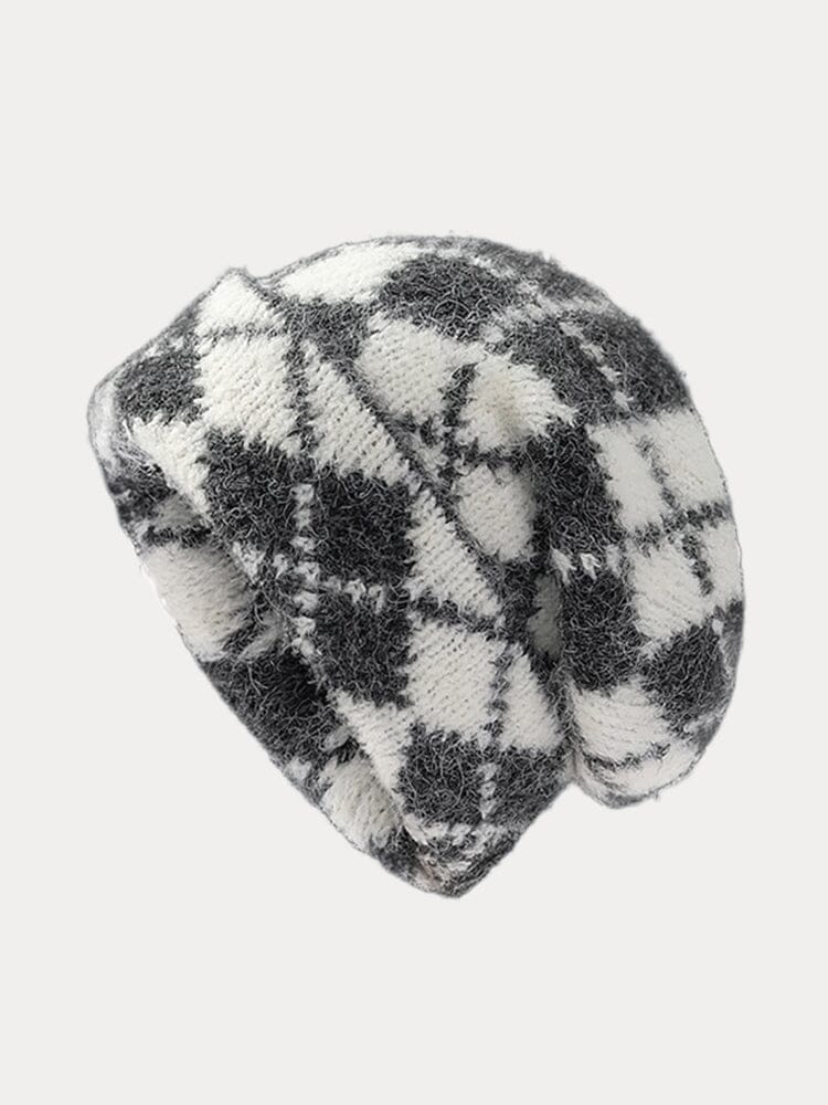 Comfy Checkered Knit Beanie Accessories coofandystore White One Size 