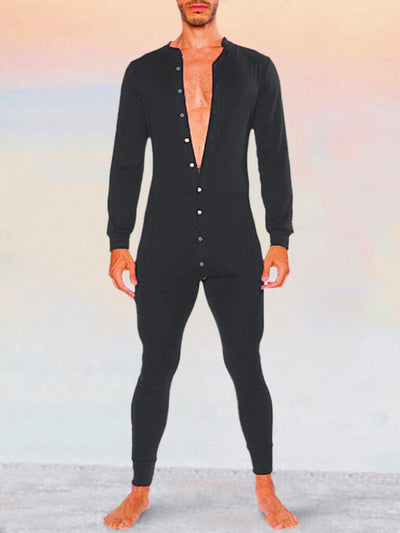 Solid Long Sleeves Button Jumpsuit Jumpsuit coofandy Black S 