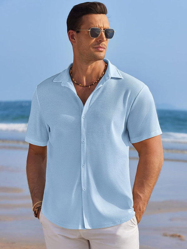 Casual Waffle Knit Button Down Shirt (US Only) Clear Blue / XXXL Casual Waffle Knit Button Down Shirt (US Only) Clear Blue / XXXL