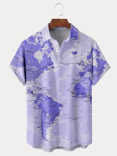 Hawaiian World Map Pattern Short Sleeve Shirt Shirts coofandystore Blue S 
