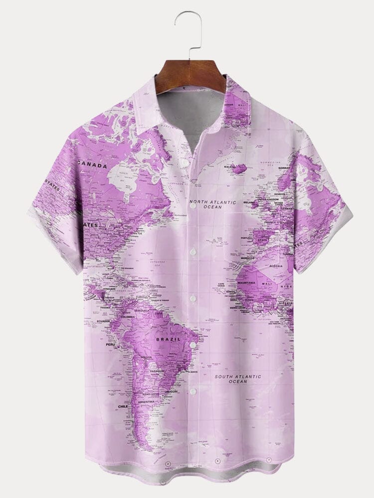 Hawaiian World Map Pattern Short Sleeve Shirt Shirts coofandystore Purple S 