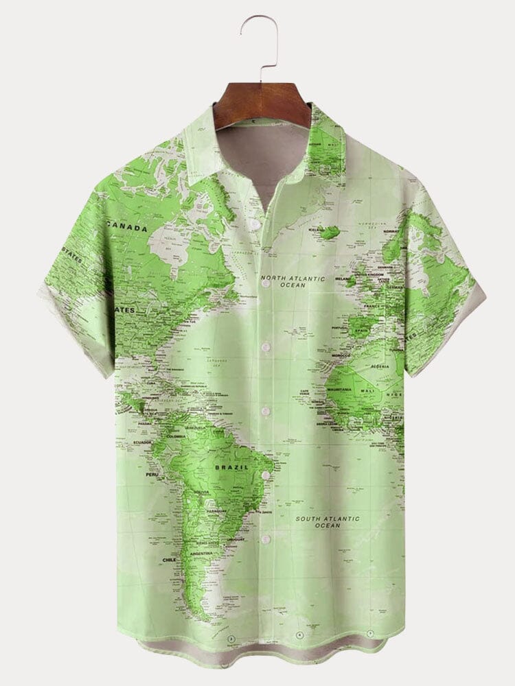 Hawaiian World Map Pattern Short Sleeve Shirt Shirts coofandystore Green S 
