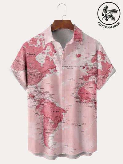 Hawaiian World Map Pattern Short Sleeve Shirt Shirts coofandystore Pink S 