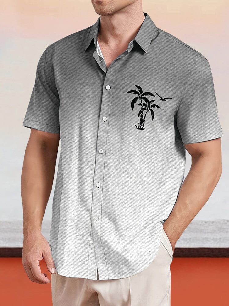 Gradient Coconut Tree Printed Cotton Linen Shirt Shirts coofandy Black S 