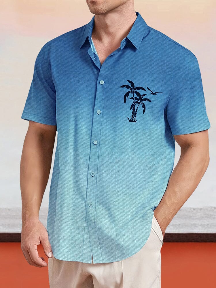 Gradient Coconut Tree Printed Cotton Linen Shirt Shirts coofandy Blue S 