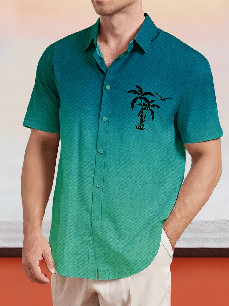 Gradient Coconut Tree Printed Cotton Linen Shirt Shirts coofandy Green S 