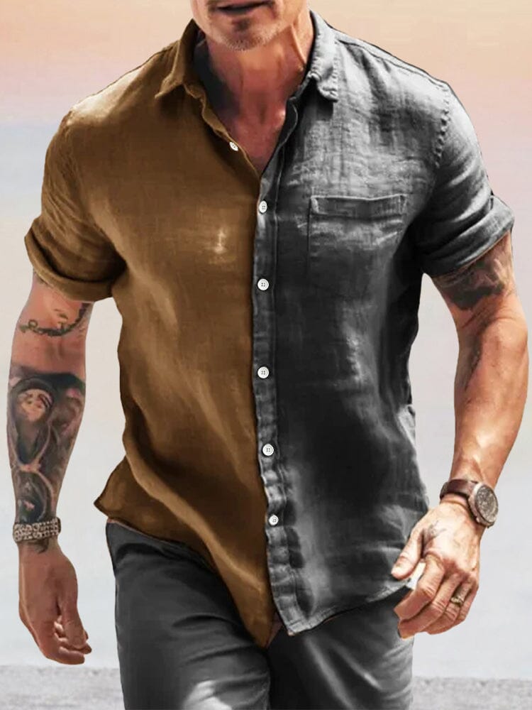 Breathable Splicing Cotton Linen Shirt with Pocket Shirts coofandy Brown S 