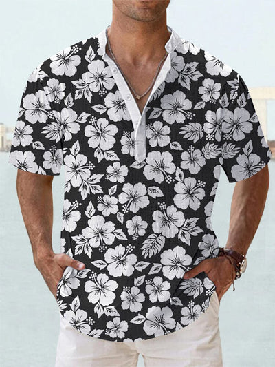 Cozy Floral Cotton Linen Pullover Shirt Shirts coofandy Black S 