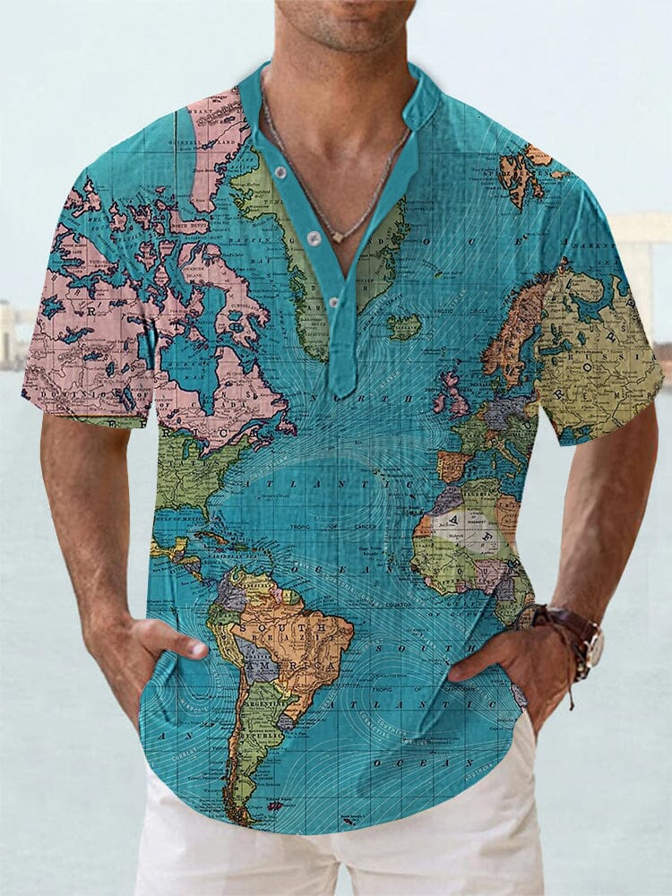 Unique Map Graphic Cotton Linen Shirt Shirts coofandy Lake Blue S 