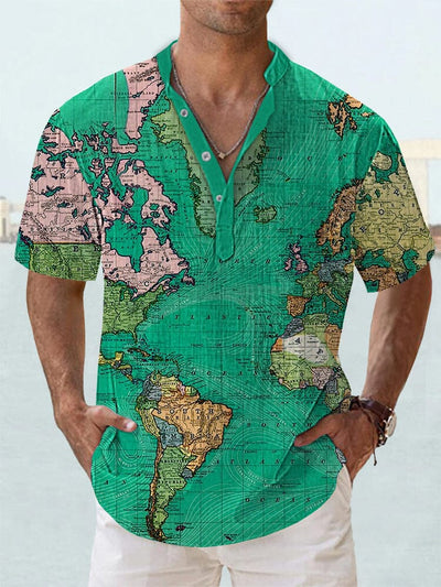 Unique Map Graphic Cotton Linen Shirt Shirts coofandy Green S 