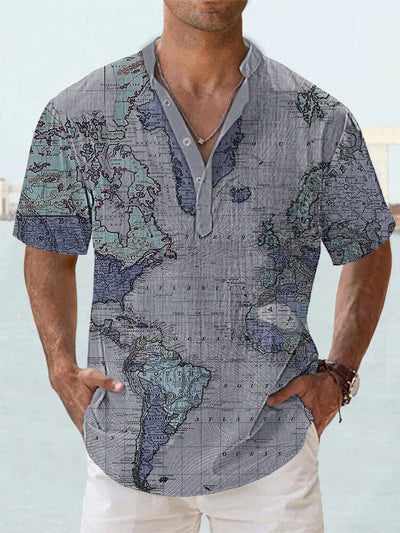 Unique Map Graphic Cotton Linen Shirt Shirts coofandy Grey S 