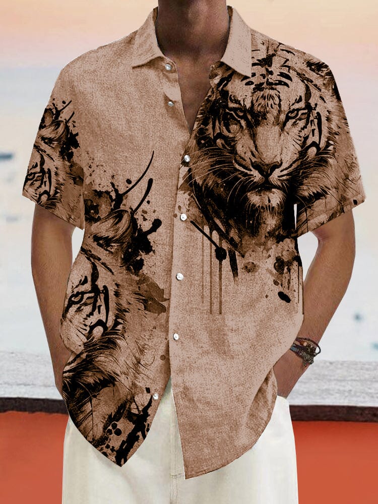 Tiger Graphic Cotton Linen Shirt Shirts coofandystore Khaki S 