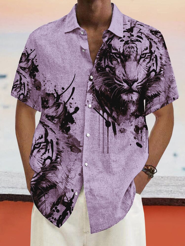 Tiger Graphic Cotton Linen Shirt Shirts coofandystore Purple S 