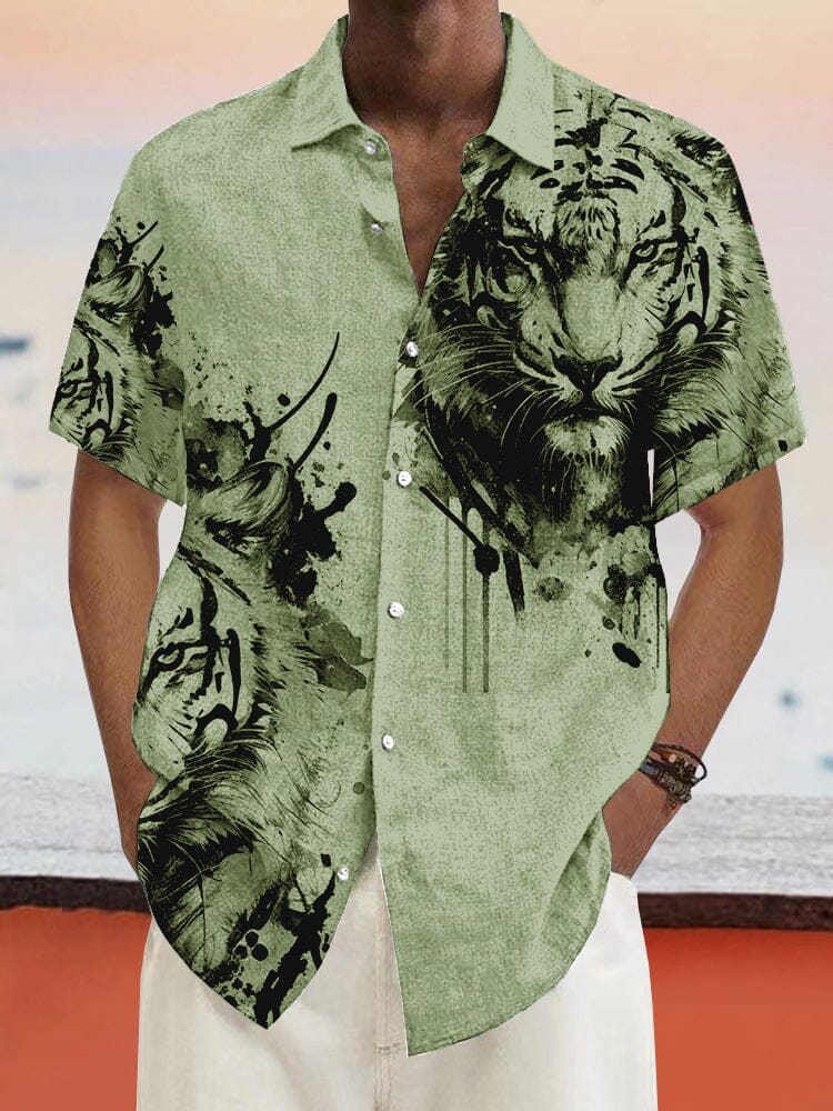 Tiger Graphic Cotton Linen Shirt Shirts coofandystore Green S 