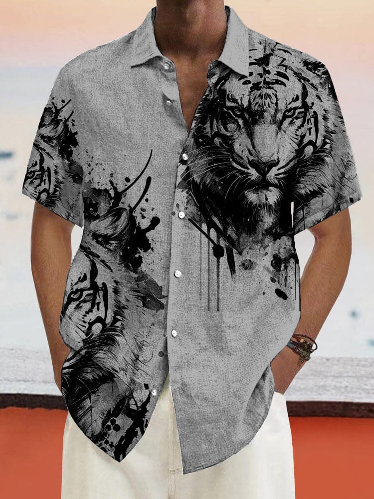 Tiger Graphic Cotton Linen Shirt Shirts coofandystore Grey S 