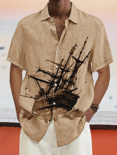 Casual Sailboat Graphic Cotton Linen Shirt Shirts coofandy Khaki S 