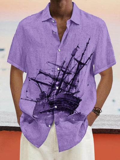 Casual Sailboat Graphic Cotton Linen Shirt Shirts coofandy Lavender S 