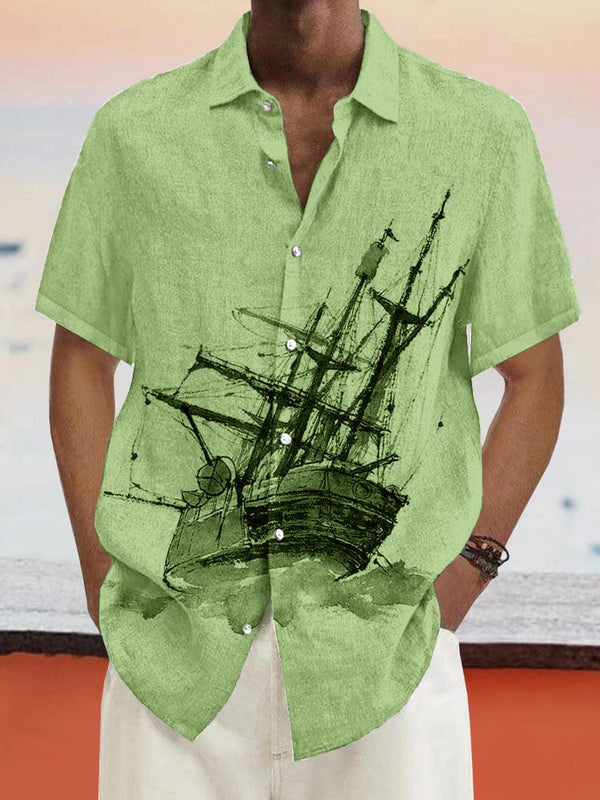 Casual Sailboat Graphic Cotton Linen Shirt Shirts coofandy Light Green S 