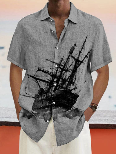 Casual Sailboat Graphic Cotton Linen Shirt Shirts coofandy Light Grey S 