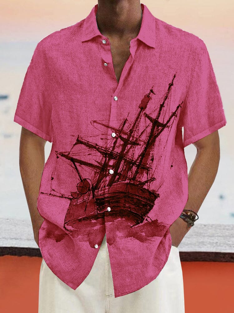 Casual Sailboat Graphic Cotton Linen Shirt Shirts coofandy Pink S 