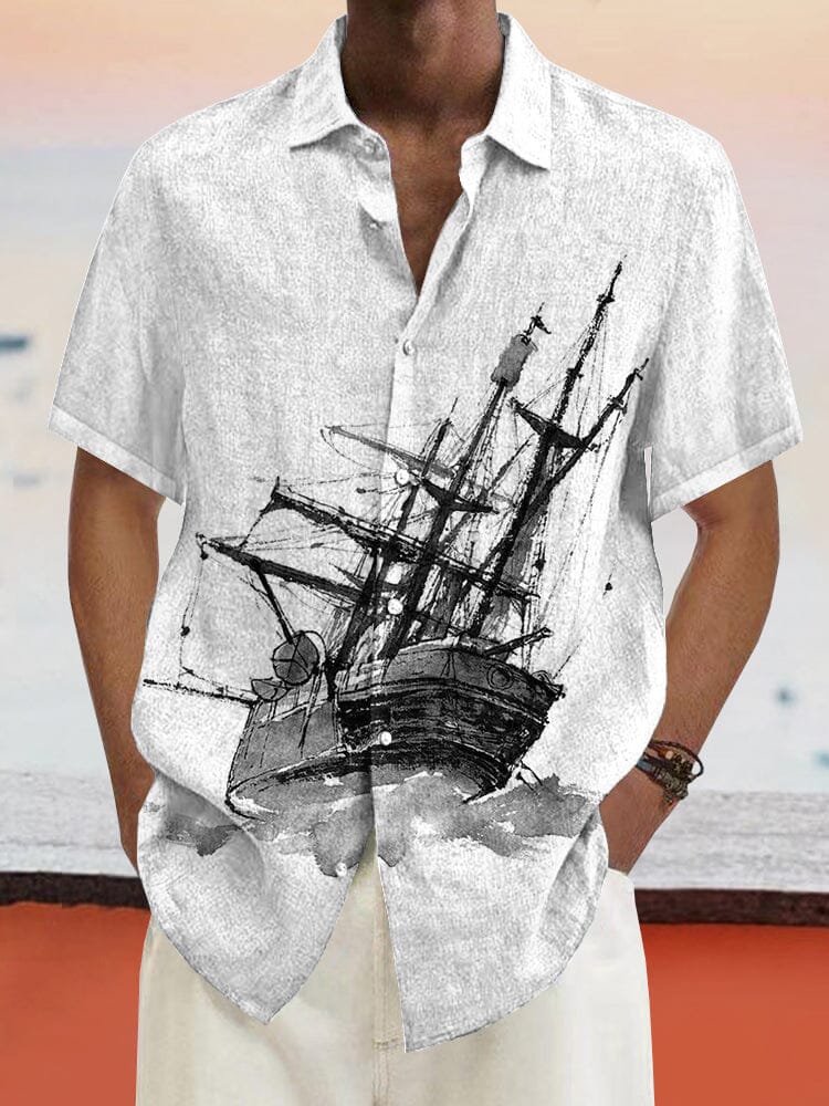 Casual Sailboat Graphic Cotton Linen Shirt Shirts coofandy White S 