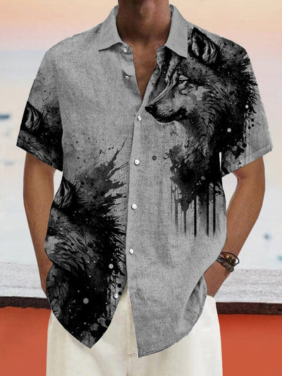 Cozy Wolf Printed Cotton Linen Shirt Shirts coofandy Light Grey S 