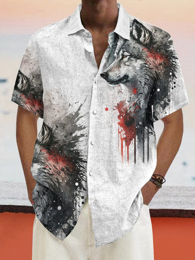Cozy Wolf Printed Cotton Linen Shirt Shirts coofandy White S 