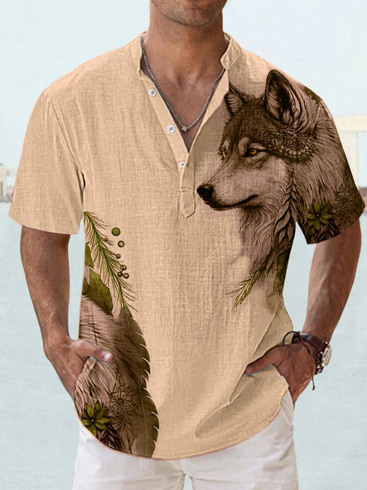 Casual Wolf Graphic Shirt Shirts coofandystore Khaki M 