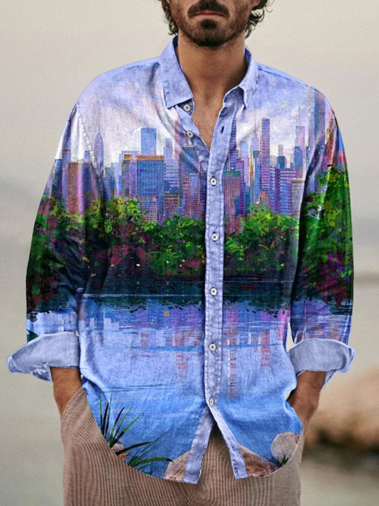 Soft Cityscape Printed Button Shirt Shirts coofandystore PAT8 S 