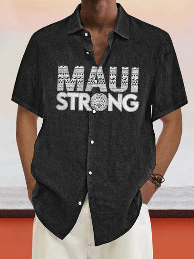 Maui Strong Print Cotton Linen Shirt Shirts coofandystore Black S 