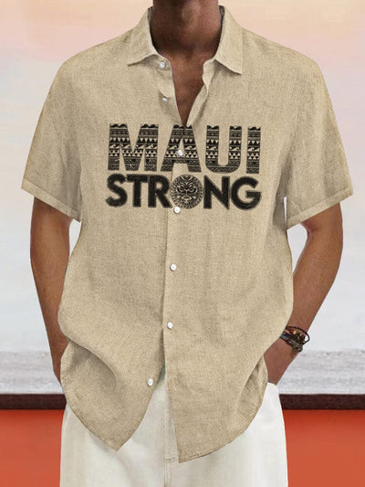 Maui Strong Print Cotton Linen Shirt Shirts coofandystore Khaki S 