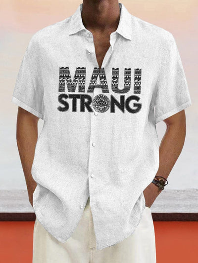 Maui Strong Print Cotton Linen Shirt Shirts coofandystore White S 
