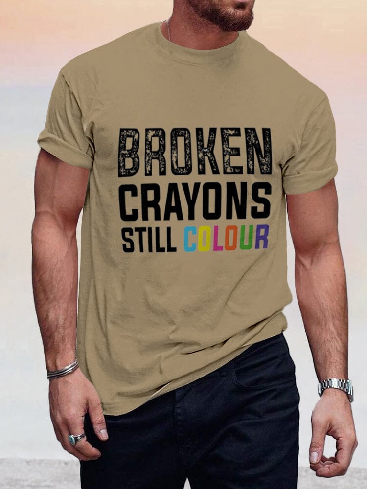 Broken Crayons Still Color Print T-shirt T-Shirt coofandy Khaki S 