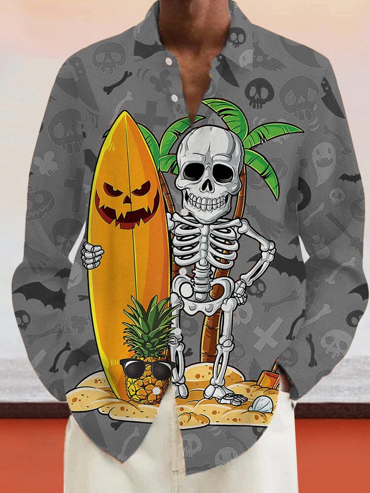 Skull Surfing Graphic Cotton Linen Shirt Shirts coofandy Grey S 